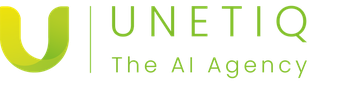 Großes U in einem gelb-grünen Farbverlauf mit grünem Text auf der rechten Seite mit der Aufschrift "UNETIQ The AI agency".